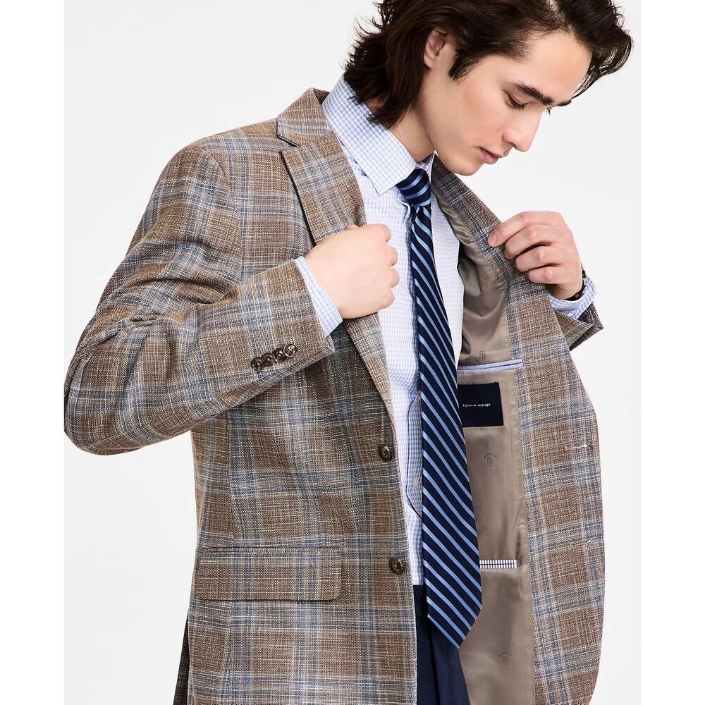$295 NEW TOMMY HILFIGER MENS 44L TAN/BLUE CHECK BLAZER SPORT COAT SUIT JACKET